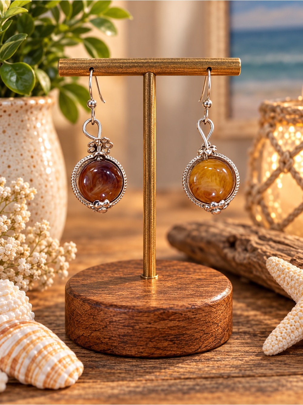 Sterling Silver Amber-Hued Glass Drop Earrings - Women Jewelry